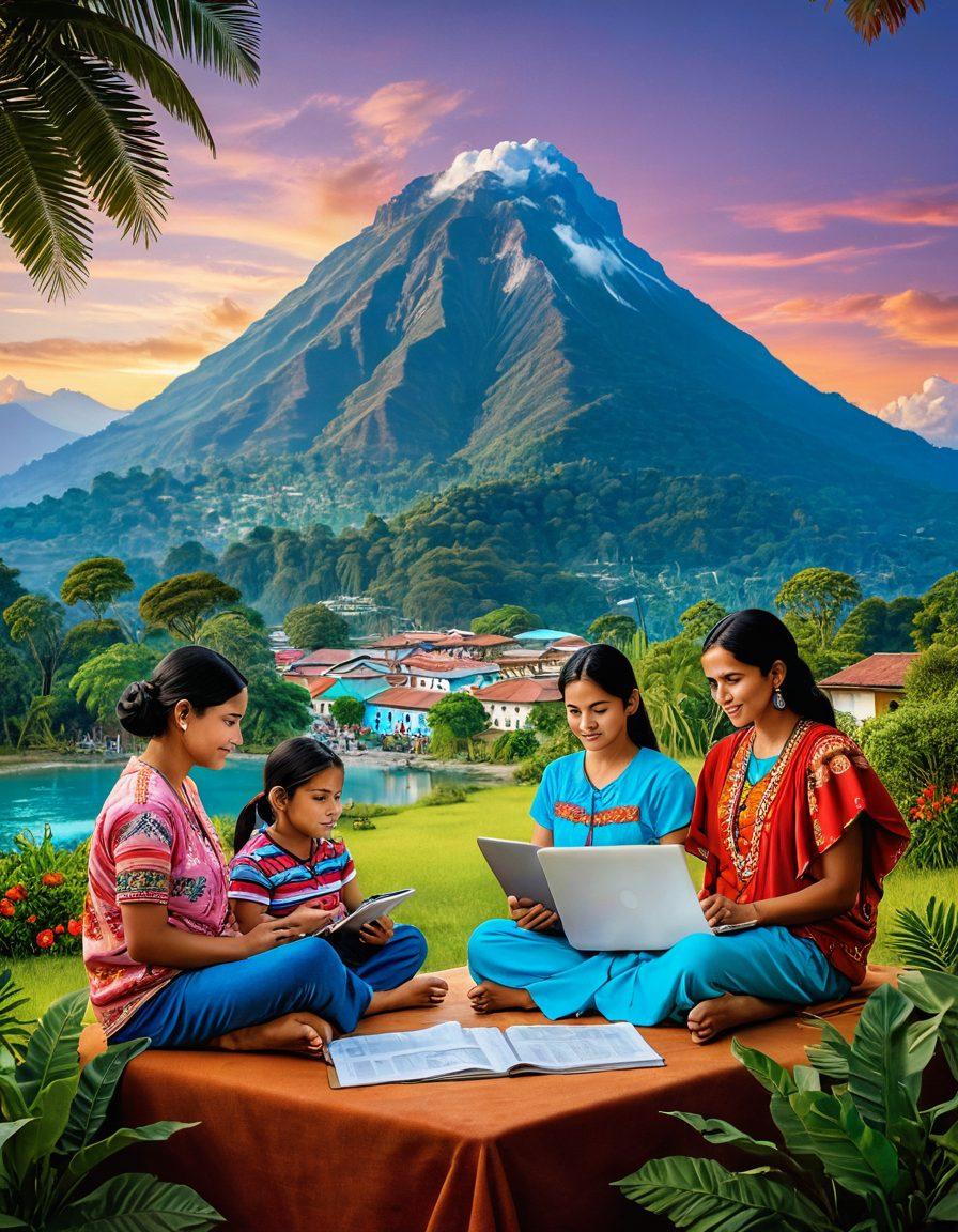A serene landscape capturing a Guatemalan family, each member contemplating various insurance options, surrounded by a vibrant mix of traditional and modern elements unique to Guatemala. The foreground features symbols of protection like a shield and a variety of insurances represented as colorful icons. In the background, a globe highlights overseas connections, showcasing unity and security for Guatemalans living abroad. super-realistic. vibrant colors. light pastel background.