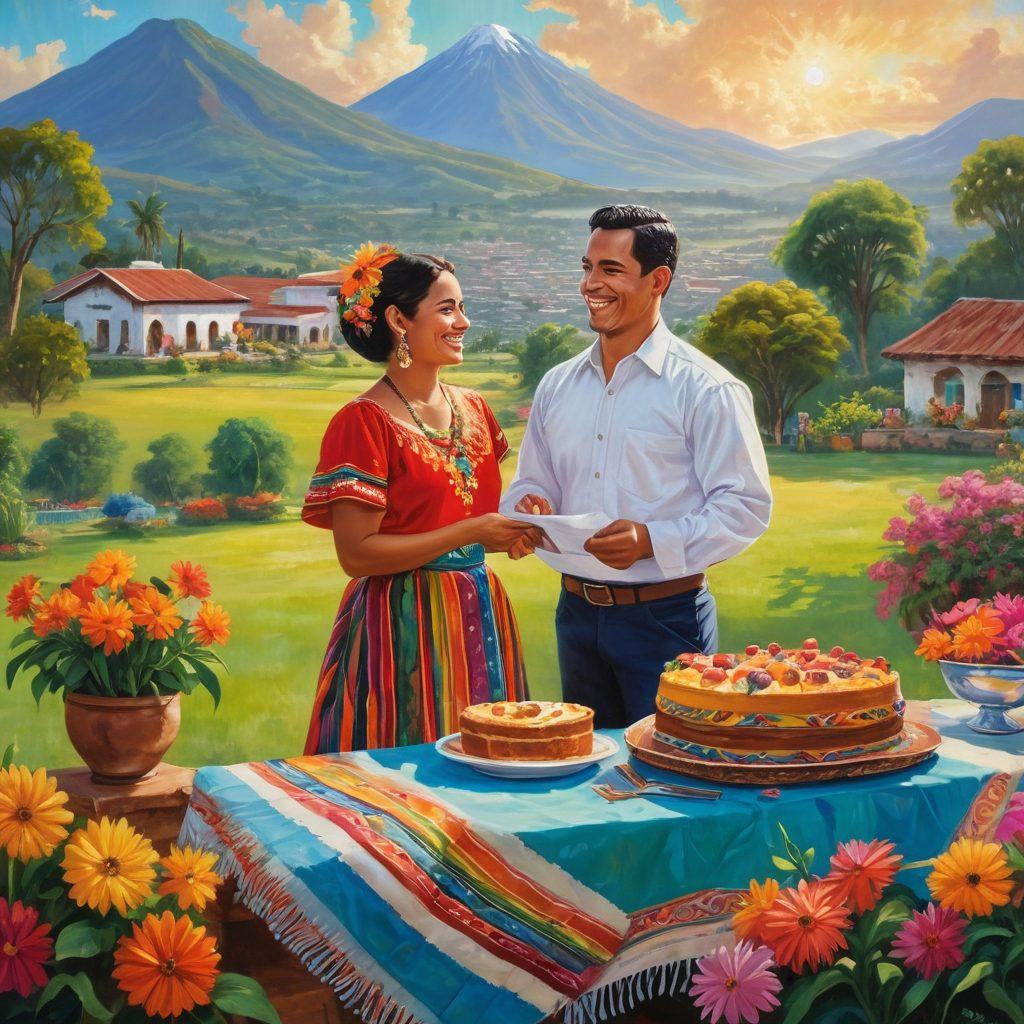 A warm and inviting scene depicting a diverse group of Guatemalans in various environments: one couple celebrating with a wedding cake, another family enjoying a picnic under a serene sky, and a traveler smiling while holding an insurance policy brochure. Include cultural elements like traditional attire and landscapes reminiscent of Guatemala, symbolizing love and security. Soft lighting with a hopeful ambiance. vibrant colors. painting.