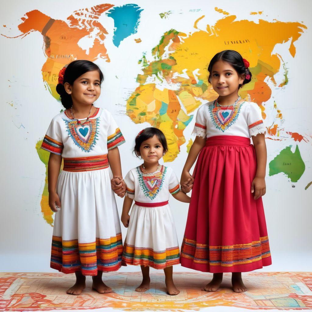 A heartfelt illustration of a Guatemalan family standing together in front of a world map, showcasing their journey from Guatemala to various countries. Include symbols of love, such as hearts, intertwined hands, and insurance plan documents subtly integrated into the background. The scene should radiate warmth and hope, emphasizing the theme of love and protection. Bright colors, cultural elements, and a sense of connection should be prominent throughout the image. vibrant colors. vector art. white background.